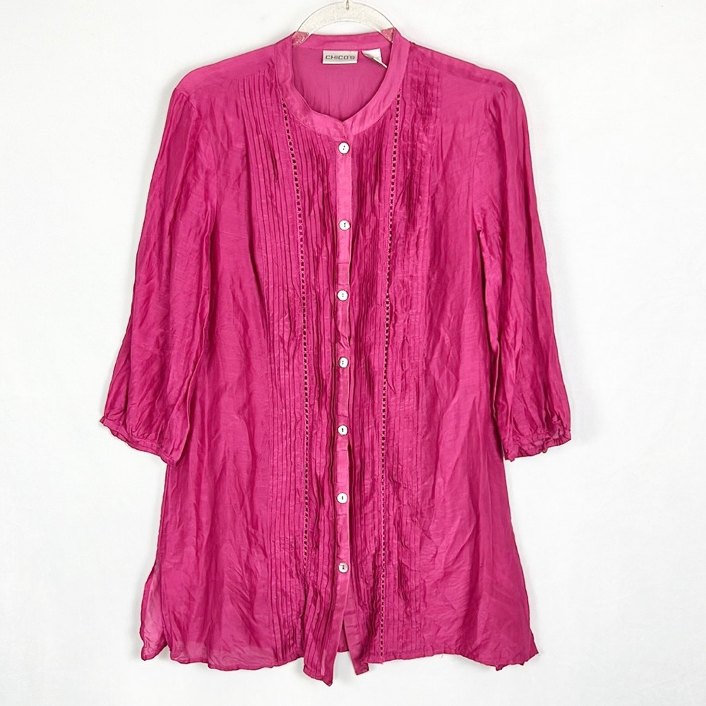 CHICO’S |💕Fuchsia Pink Silk Blend Button-Up Ruffled Front 1/2 Sleeve Blouse Top